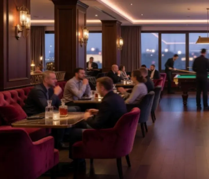 Fotogalerie interiéru restaurace Bravoriaim s herními zónami a osvětlením.