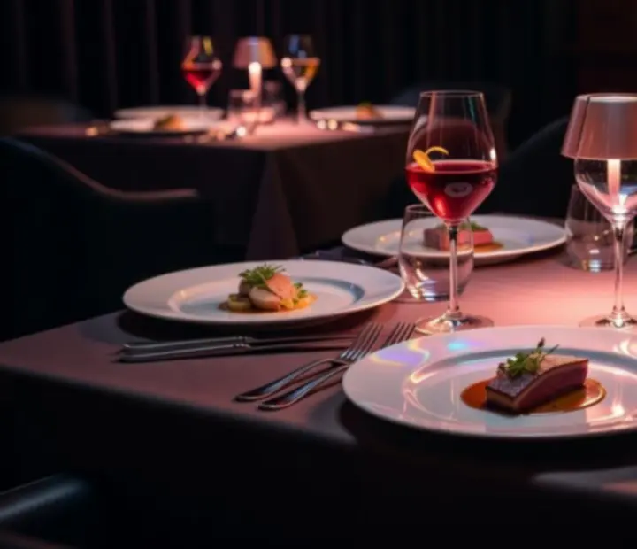 Gurmánská večeře na elegantně nasvíceném stole v restauraci Bravoriaim.
