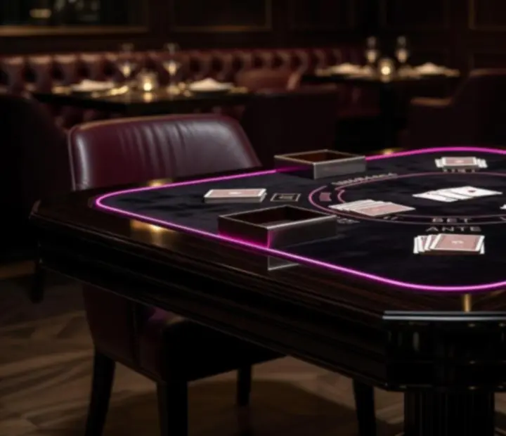 Detail herních stolů v Bravoriaim připravených pro pokerové, ruletové a blackjackové programy.