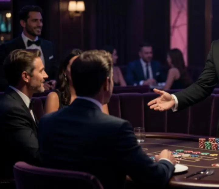 Hostitel pokerového večera vítá hosty u stolu v restauraci Bravoriaim