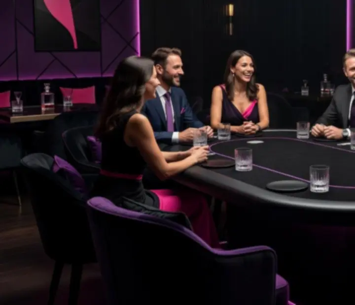 Temně nasvícený interiér restaurace Bravoriaim s pokerovým stolem