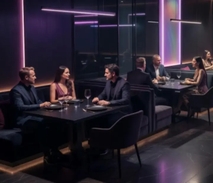 Večerní atmosféra v restauraci Bravoriaim s tlumeným světlem a hosty u stolů.